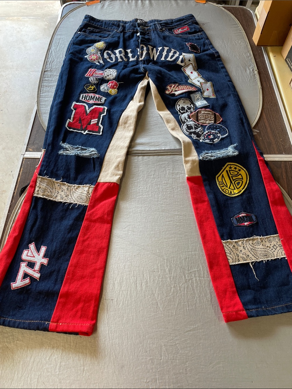 Men's Patchwork Wide-Leg Jeans - Navy with Red & Cream Panels boohooman 34R